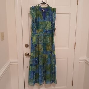 Sandra Darren Vibrant Blue and Green Maxi Dress